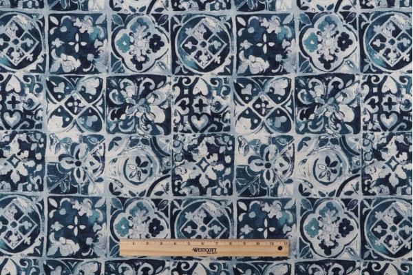 Ellen Degeneres Petra Tile Printed Cotton Drapery Fabric in Denim