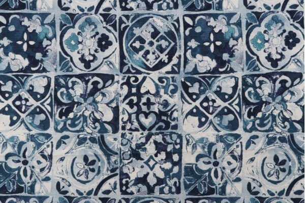 Ellen Degeneres Petra Tile Printed Cotton Drapery Fabric in Denim