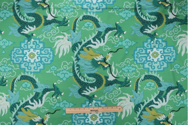 P Kaufmann Royal Dragon Printed Cotton Drapery Fabric in Jade Green 