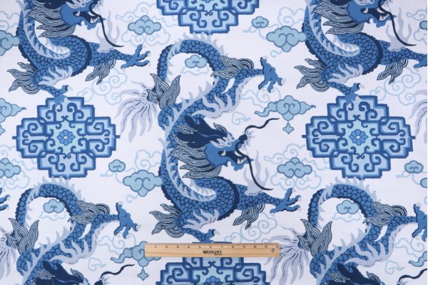 P Kaufmann Royal Dragon Printed Cotton Drapery Fabric in Porcelain Blue 
