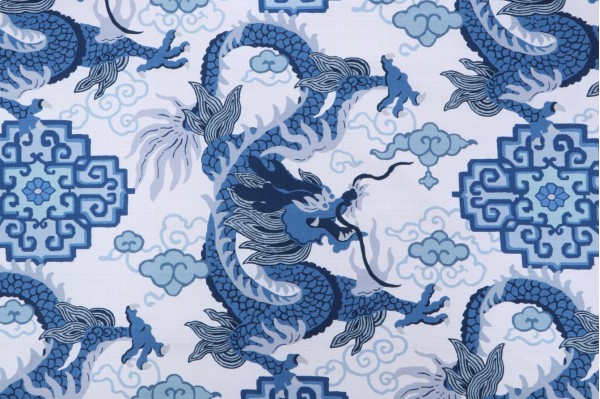 P Kaufmann Royal Dragon Printed Cotton Drapery Fabric in Porcelain Blue 