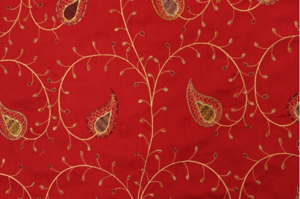 Assyrian Vine Embroidered Cotton Drapery Fabric in Amaryllis 