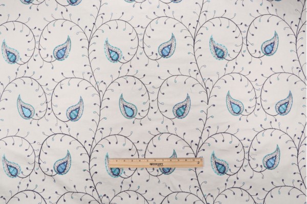 Assyrian Vine Embroidered Cotton Drapery Fabric in Luna 