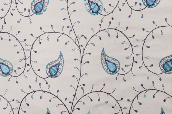 Assyrian Vine Embroidered Cotton Drapery Fabric in Luna 