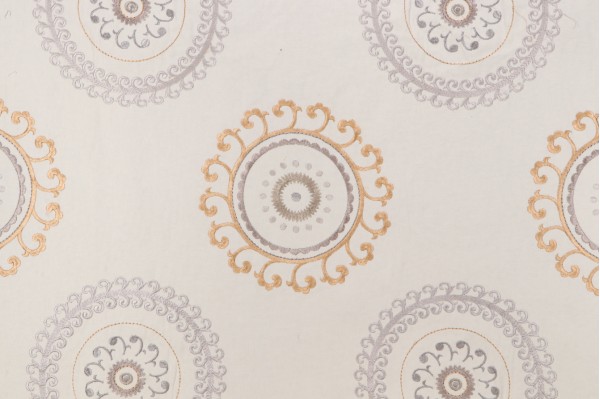 Sample of Ottoman Ornament Embroidered Cotton Drapery Fabric in Pumice 