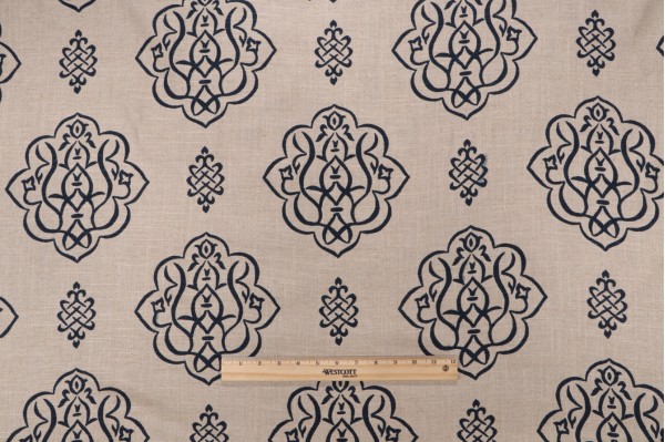 Fabricut Vern Yip Trend #4 Medallion Damask Metallic Printed Linen Drapery Fabric in Navy 