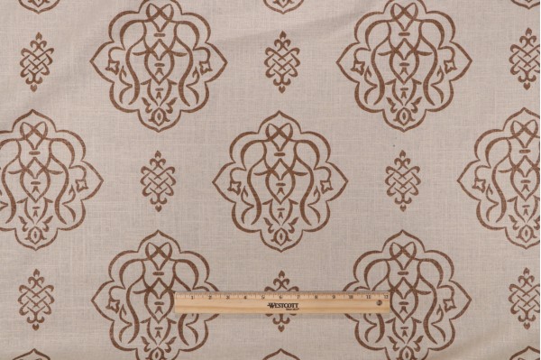 Fabricut Vern Yip Trend #4 Medallion Damask Metallic Printed Linen Drapery Fabric in Umber 