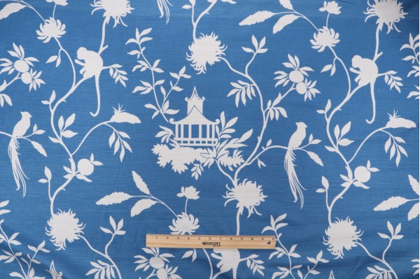 Sample of Fabricut Vern Yip Trend #1 Chinosere Printed Cotton Linen Blend Drapery Fabric in Blue 