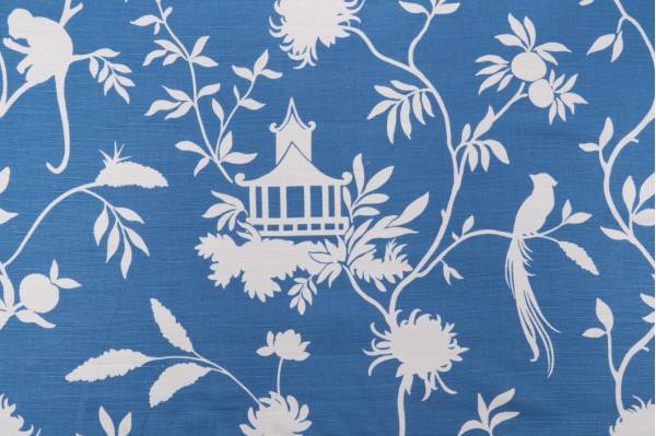 Sample of Fabricut Vern Yip Trend #1 Chinosere Printed Cotton Linen Blend Drapery Fabric in Blue 