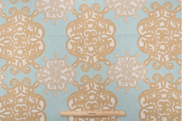 Thibaut Jakarta F98611 Printed Drapery Fabric in Aqua and Beige