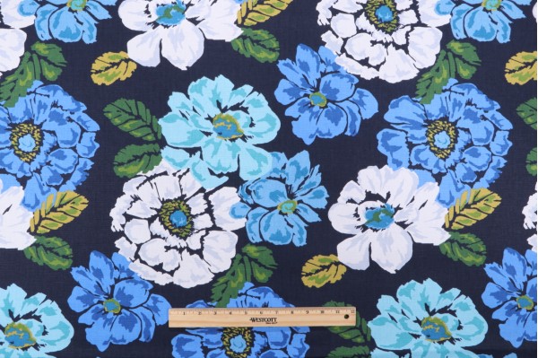 Robert Allen Brushed Floral Printed Cotton Drapery Fabric in Ultramarine