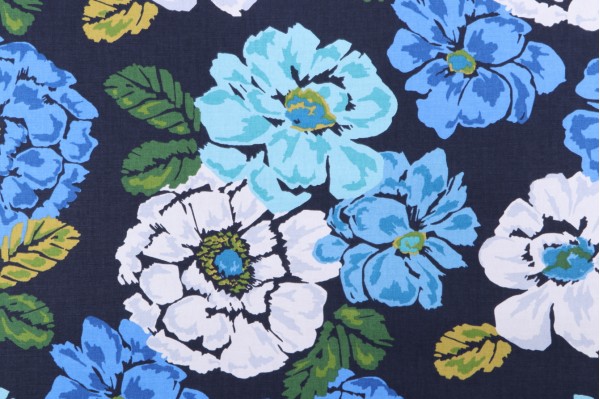 Robert Allen Brushed Floral Printed Cotton Drapery Fabric in Ultramarine