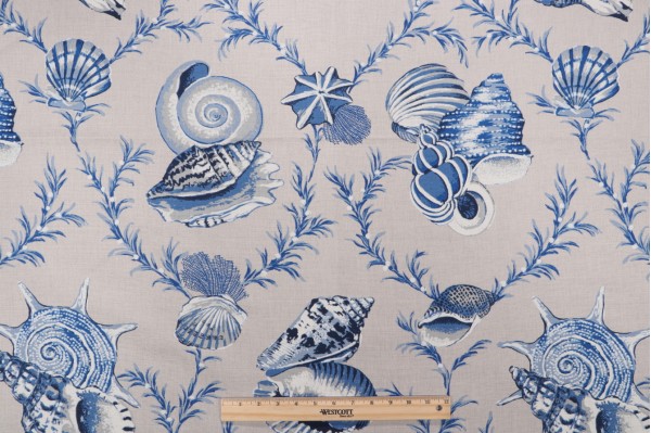 Thibaut Sumba Shell F95744 Printed Drapery Fabric in Blue on Natural