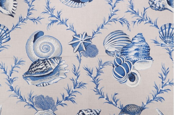 Thibaut Sumba Shell F95744 Printed Drapery Fabric in Blue on Natural