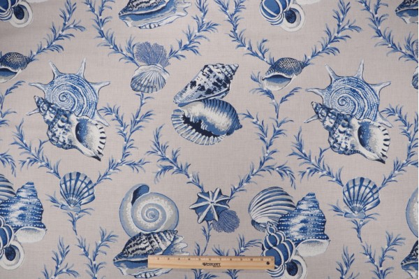 Thibaut Sumba Shell F95744 Printed Linen Blend Drapery Fabric in Blue on Natural