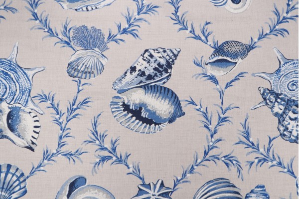 Thibaut Sumba Shell F95744 Printed Linen Blend Drapery Fabric in Blue on Natural