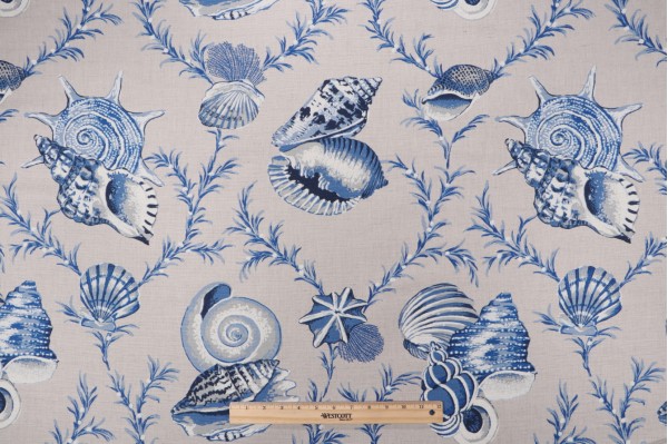 Thibaut Sumba Shell F95744 Printed Linen Blend Drapery Fabric in Blue on Natural