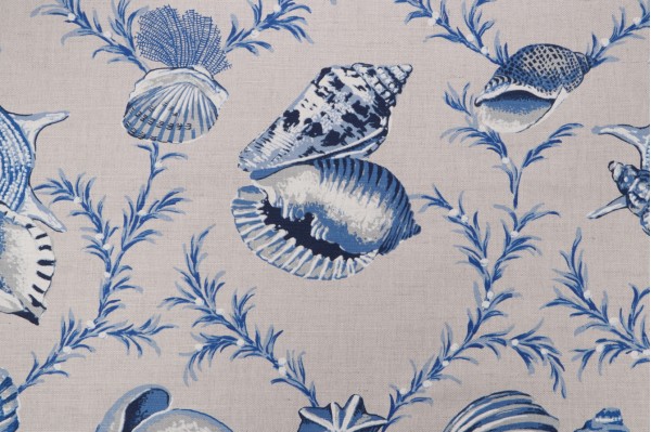 Thibaut Sumba Shell F95744 Printed Linen Blend Drapery Fabric in Blue on Natural