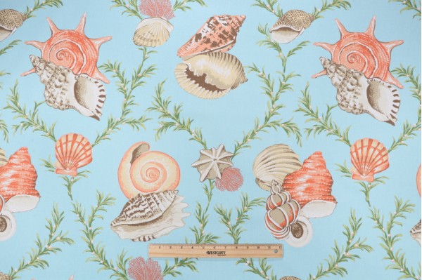Thibaut Sumba Shell F95746 Printed Cotton Drapery Fabric in Sky Blue