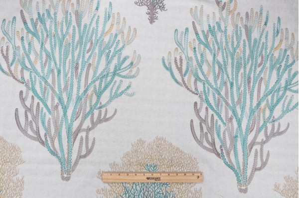 Lino Bermuda Coral Reef Embroidered & Printed Cotton Drapery Fabric in Caribbean Nutmeg