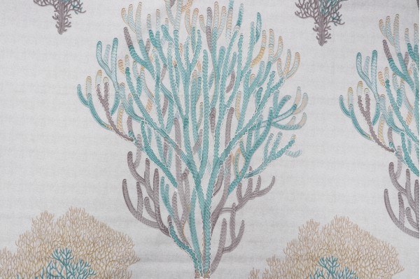 Lino Bermuda Coral Reef Embroidered & Printed Cotton Drapery Fabric in Caribbean Nutmeg