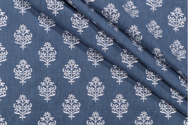 PK Lifestyles Floral Sprig Embroidery Decorator Fabric in Indigo
