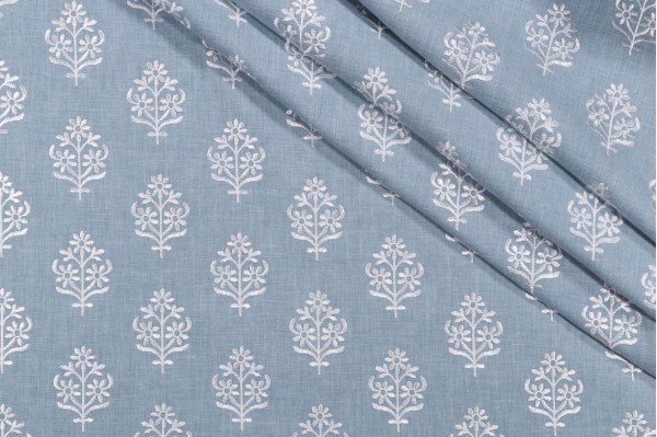 PK Lifestyles Floral Sprig Embroidery Decorator Fabric in Chambray