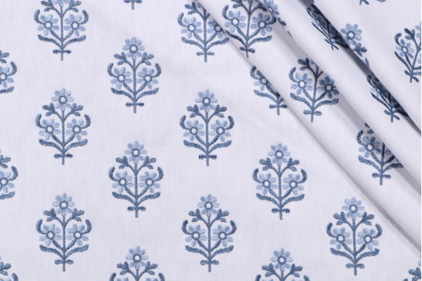 PK Lifestyles Floral Sprig Embroidery Decorator Fabric in Porcelain