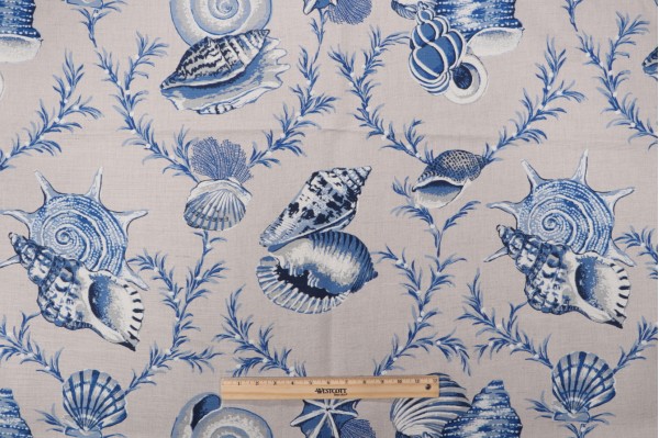 Click for 1 Yards Anna French Sumba Shell F95744 Printed Linen Blend Drapery Fabric in Blue on Natural for Thibaut Anna French Sumba Shell F95744 Printed Linen Blend Drapery Fabric in Blue on Natural for Thibaut