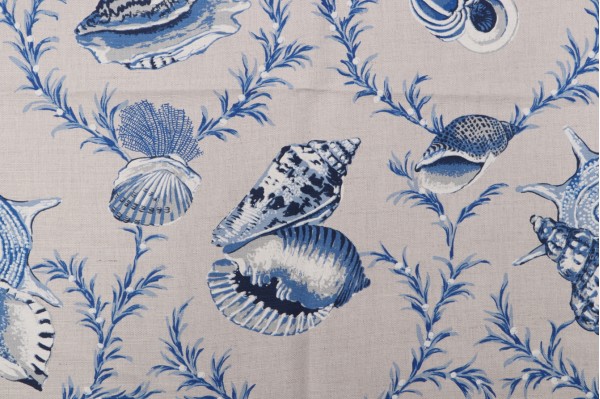 Click for 1 Yards Anna French Sumba Shell F95744 Printed Linen Blend Drapery Fabric in Blue on Natural for Thibaut Anna French Sumba Shell F95744 Printed Linen Blend Drapery Fabric in Blue on Natural for Thibaut