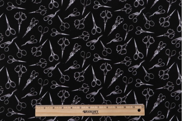 Sample of Gail Cadden Sewing Room - Tossed Sewing Scissors Printed Cotton Craft Fabric in Black for Timeless Treasures 