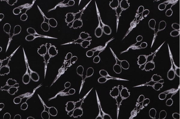 Sample of Gail Cadden Sewing Room - Tossed Sewing Scissors Printed Cotton Craft Fabric in Black for Timeless Treasures 