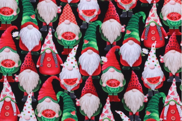 Timeless Treasures Watermelon Gnomes Printed Cotton Craft Fabric in Black 