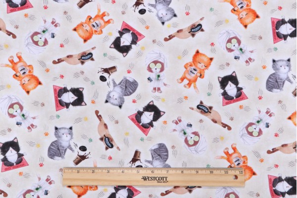 Timeless Treasures Quirky Cats - Cute Sassy Cats Printed Cotton Craft Fabric in Natural 