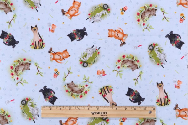 Timeless Treasures Pretty Cats In The Garden Printed Cotton Craft Fabric in Sky 