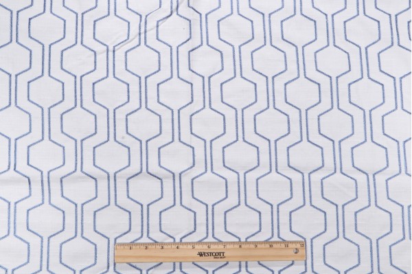 Takeoff Embroidered Drapery Fabric in Ocean