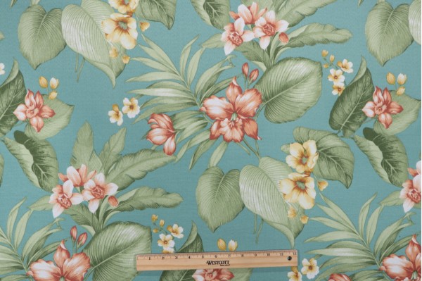 Sample of Richloom Davilla Printed Polyester Outdoor Fabric in Seaspray 