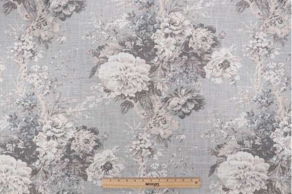 Waverly Ballad Bouquet Printed Linen Blend Drapery Fabric in Platinum