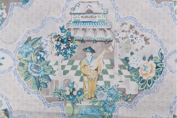P Kaufmann Teahouse Toile Printed Cotton Twill Drapery Fabric in Tea Green 