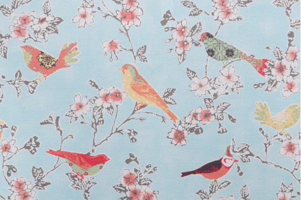 PK Lifestyles Tweet Toile Printed Polyester Outdoor Fabric in Robin's Egg 
