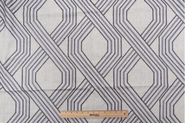 1 Yard Dancy Embroidered Linen Drapery Fabric in Blue