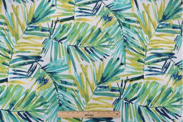 Sample of Bryant Fabrics Coastal Palm Printed Polyester Outdoor Fabric in Tide Pool 