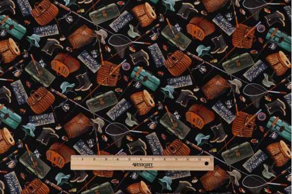 Timeless Treasures Cabin Rules - Fishing Gear Printed Cotton Craft Fabric in Black 
