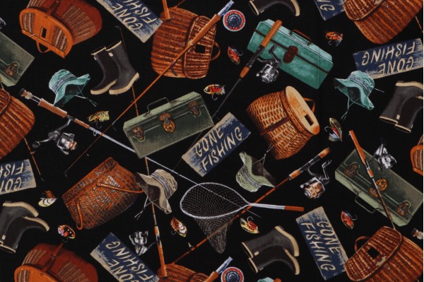 Timeless Treasures Cabin Rules - Fishing Gear Printed Cotton Craft Fabric in Black 