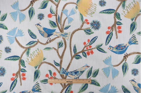 Sample of Lacefield Birds Of Paradise Printed Cotton Drapery Fabric in Canary 