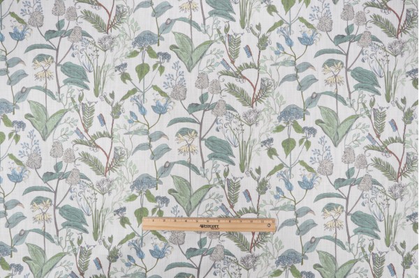 Lacefield Botanical Sketch Small Scale Printed Cotton Drapery Fabric in Seaglass 
