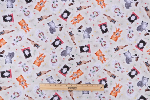 Timeless Treasures Quirky Cats - Cute Sassy Cats Printed Cotton Craft Fabric in Natural 