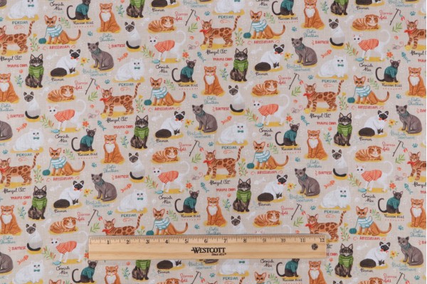 Olivia Gibbs Quirky Cats - Cat Breeds Chart Printed Cotton Craft Fabric in Beige for Timeless Treasures 