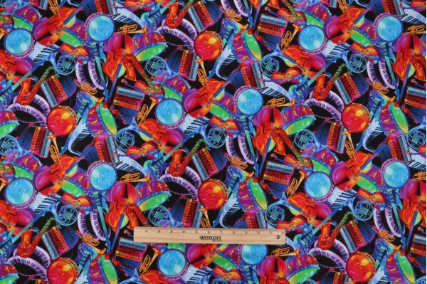 Chong-A Hwang Jazz Musical Instruments Printed Cotton Craft Fabric in Bright for Timeless Treasures 