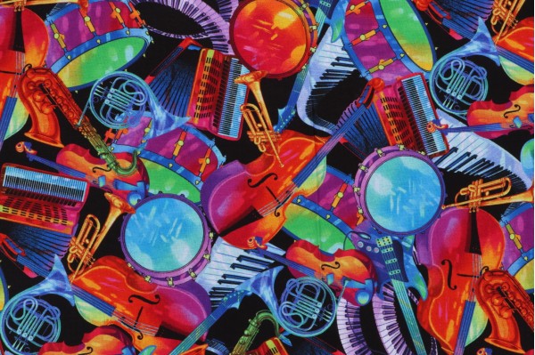 Chong-A Hwang Jazz Musical Instruments Printed Cotton Craft Fabric in Bright for Timeless Treasures 